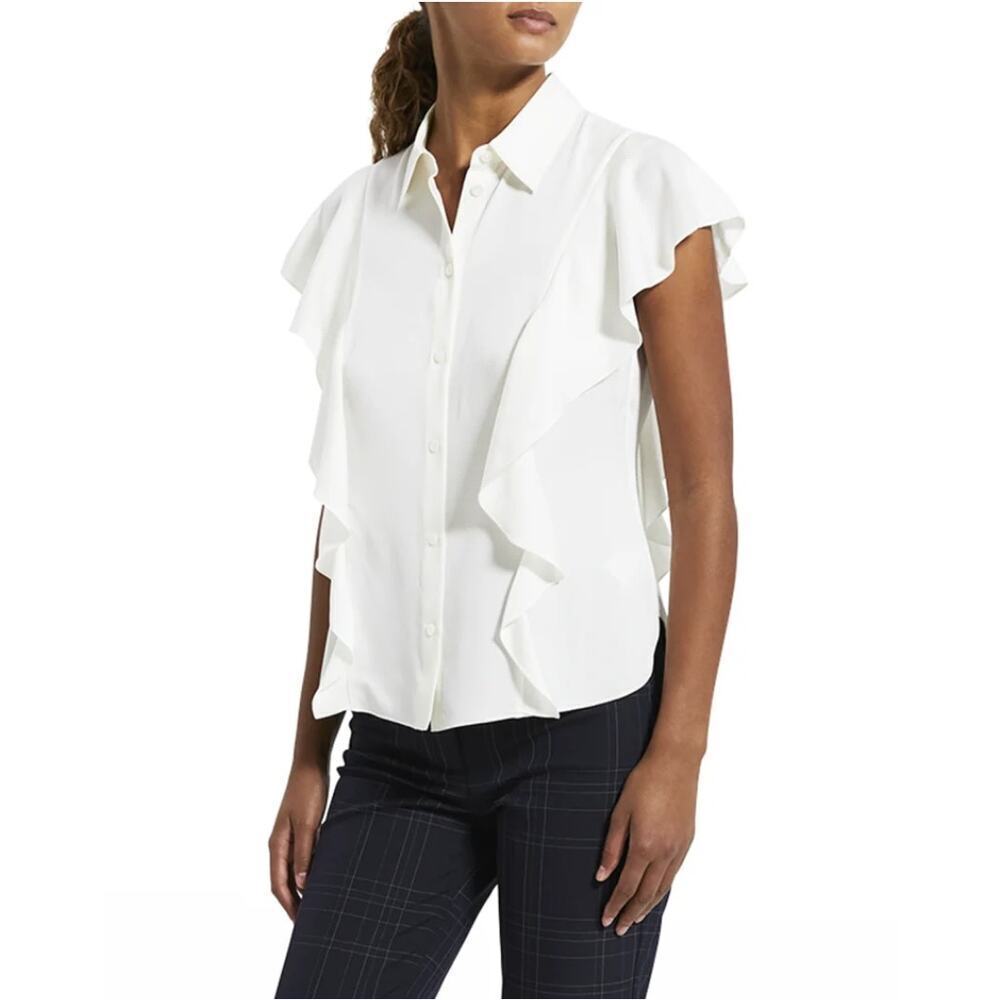 Theory Cream Silk Button-Down Georgette Ruffle Top Career Office Casual Womens L